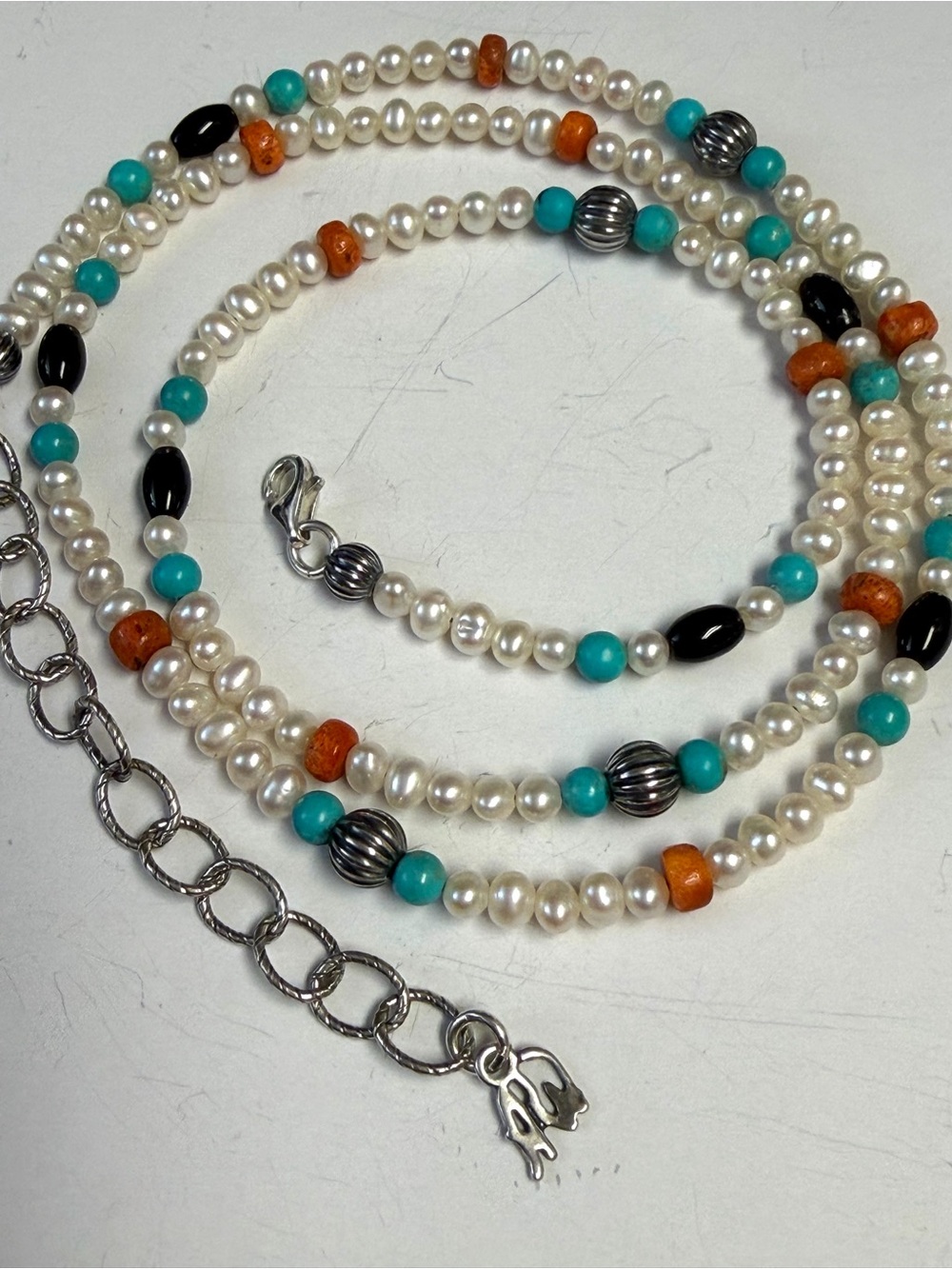 Vintage Carolyn Pollack Sterling Silver Pearl and Multi Stone Necklace - Picture 3 of 10